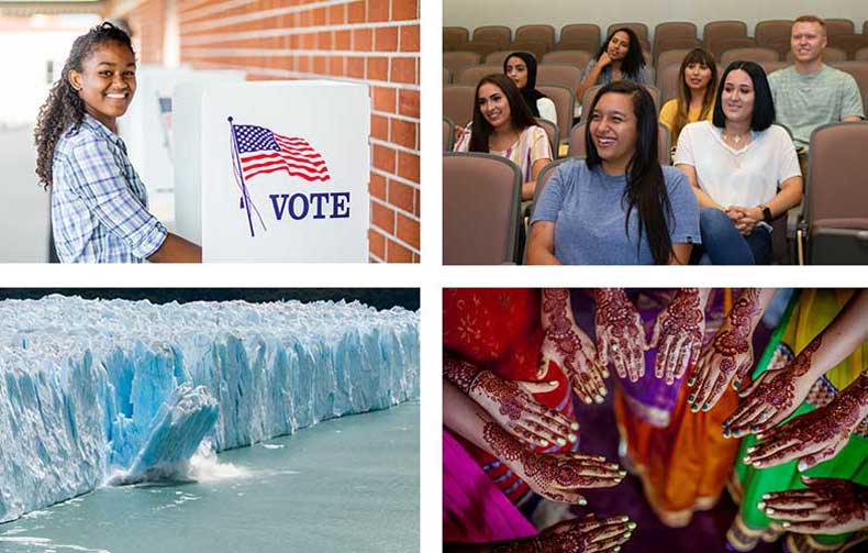 An African American female at a voting station, students from CCC, icebergs, and painted hands