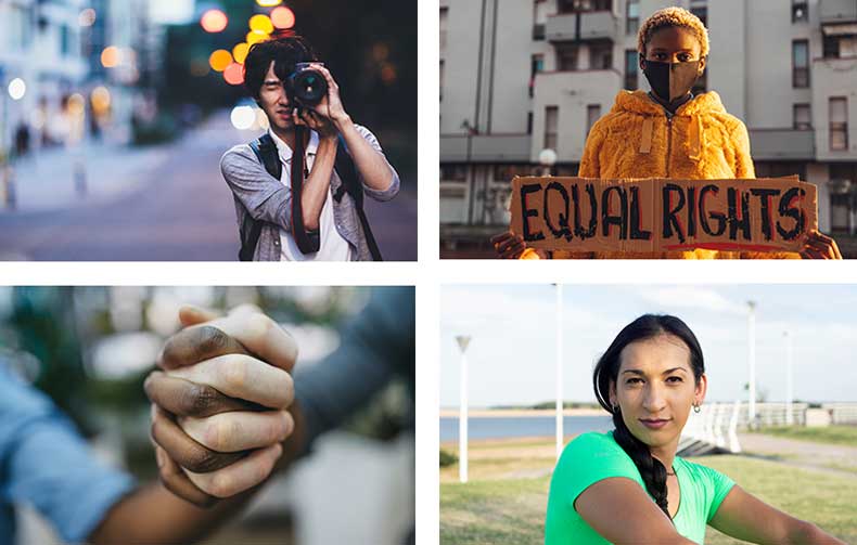 A photographic journalist, an equal rights activist, two multi-racial hands together, a female environmentalist