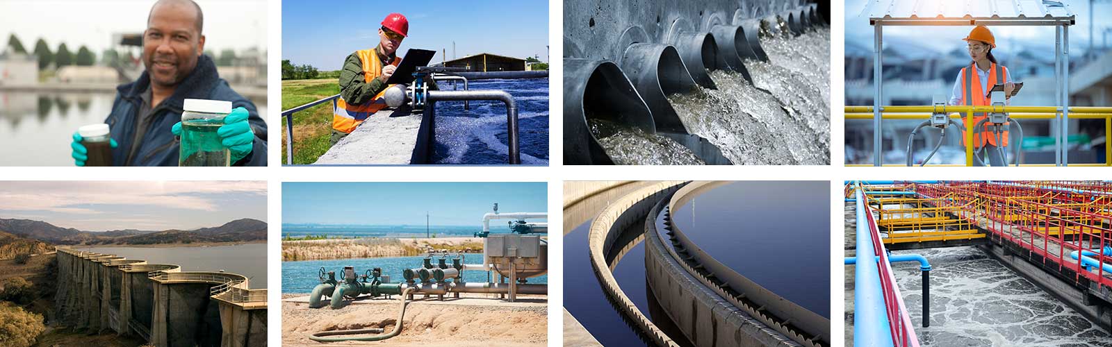 A selection of photographs of water treatment plants, a reservoir and dam, and wastewater treatment workers