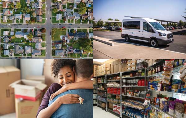 An arial view of homes, students moving into a new home, the shuttle bus outside Clovis Community College and the Crush Food Pantry