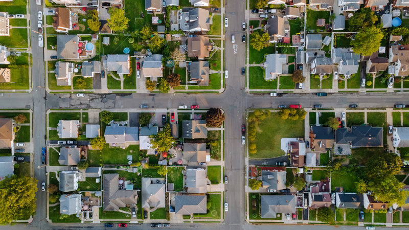 Birds eye view of multiple houses