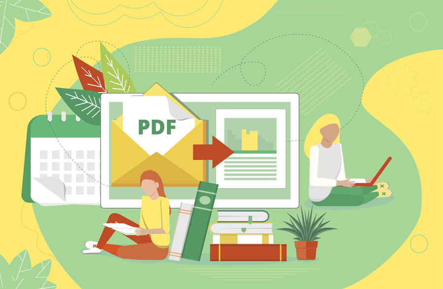 A colorful graphic depicting transforming a PDF document into a more accessible online format.