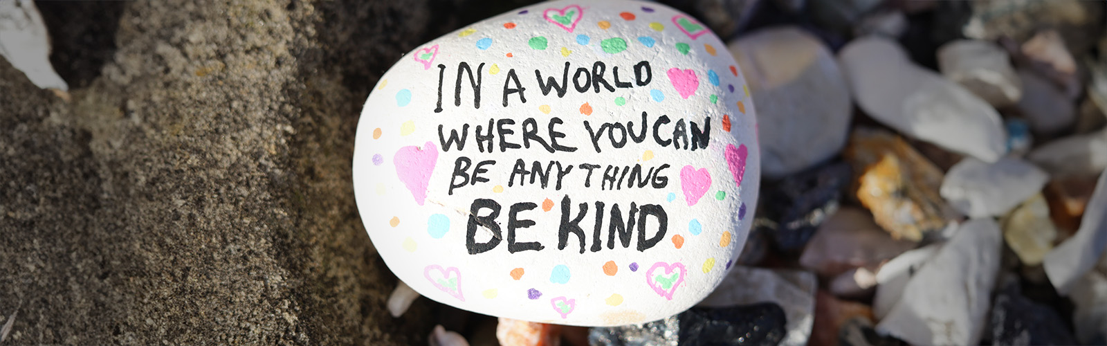 A rock with the words "In a world where you can be anything, be kind" written on it