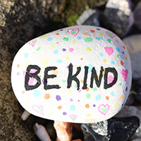 "In a world where you can be anything, be kind" painted on a rock.