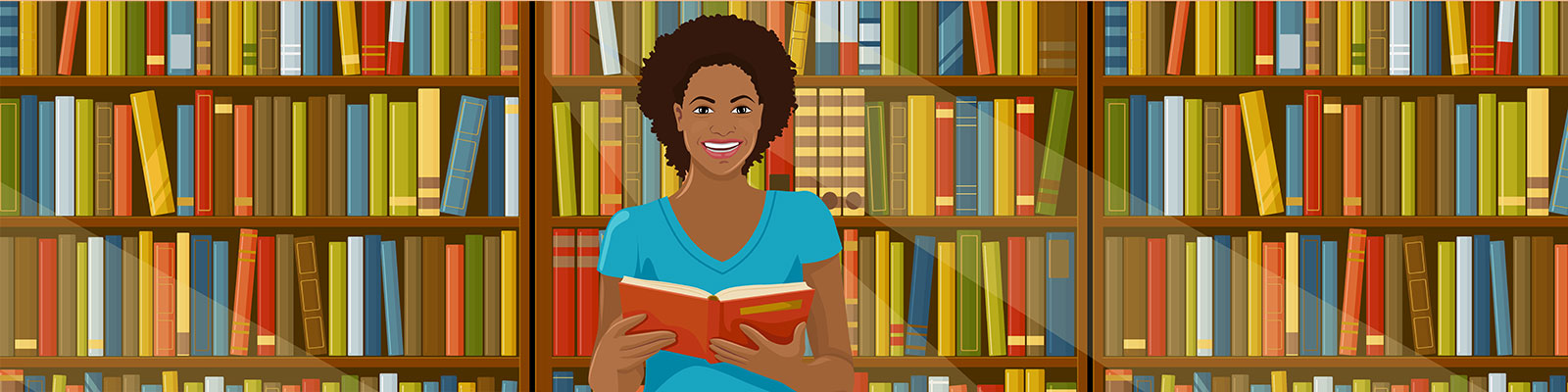 Woman standing in front of a stack of books