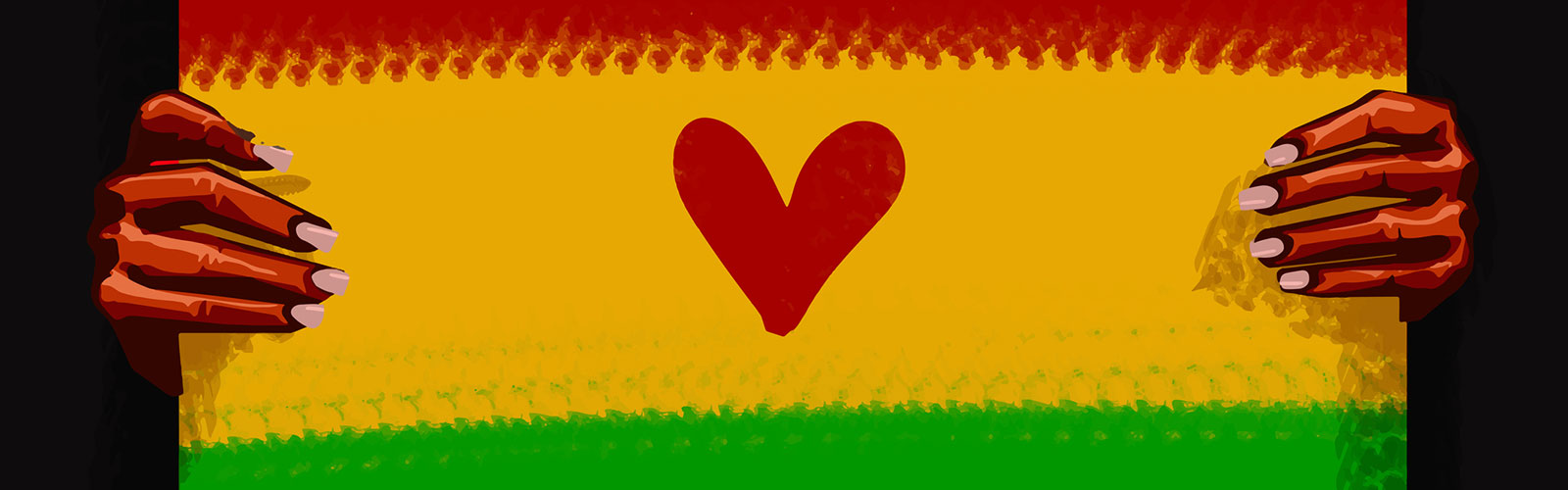 black feminine hands holding a yellow banner with a red heart in the center