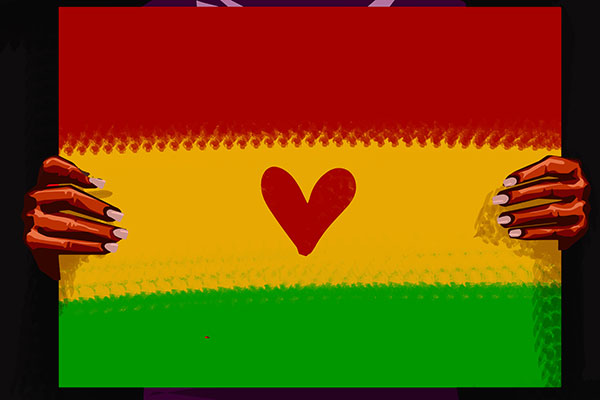 black hands holding a Pan-African flag with red heart in center
