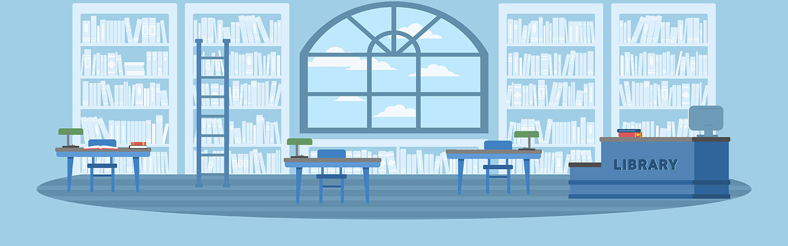An illustrated graphic of a library