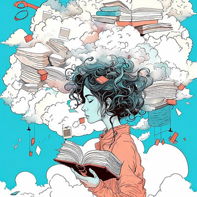 a woman reading a book with her head in the clouds