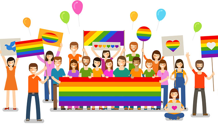 A variety of people with rainbow flags
