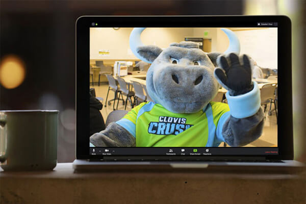 Crush mascot on computer screen in a Zoom meeting