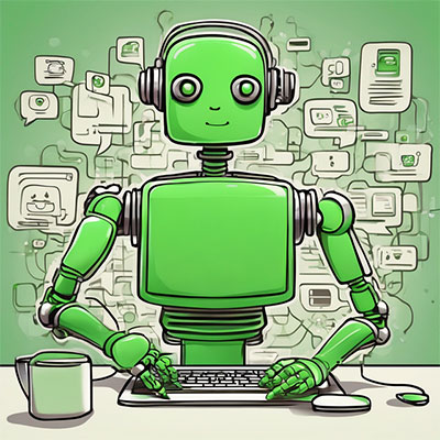 A friendly green robot character with headphones, sitting at a keyboard and surrounded by chat bubbles and digital media icons.