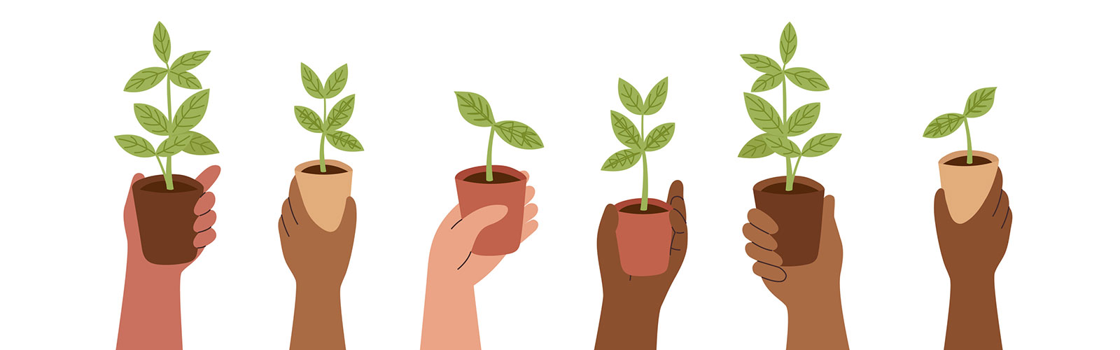multi colored hands lifting pots of plants