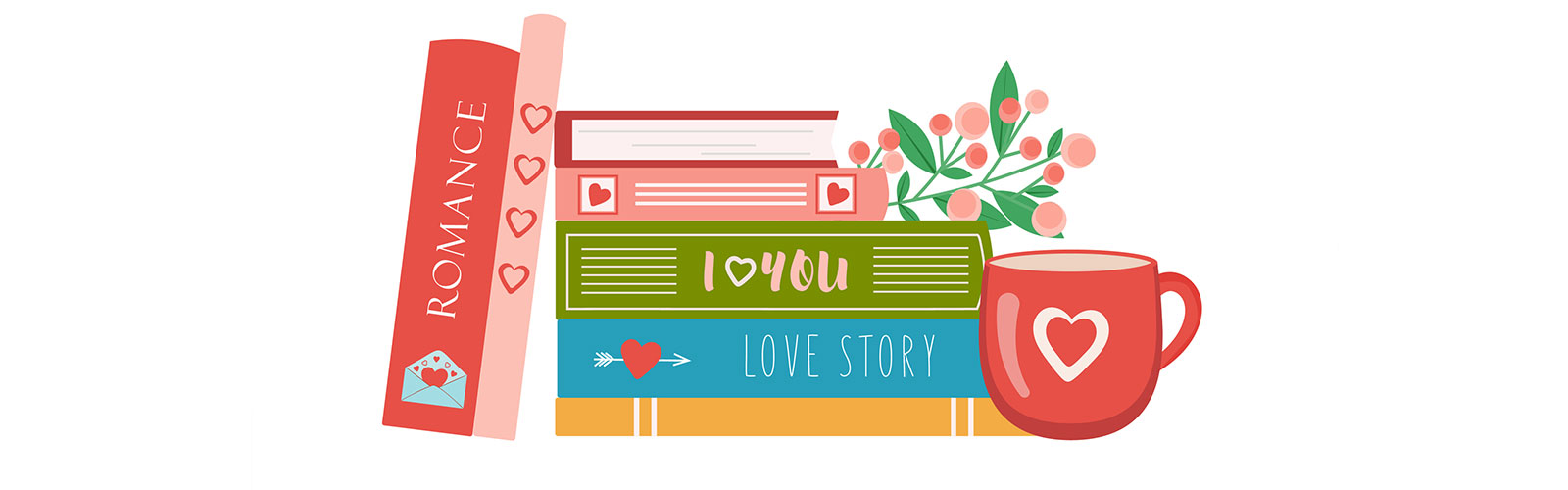 pink and red books with a cup of tea