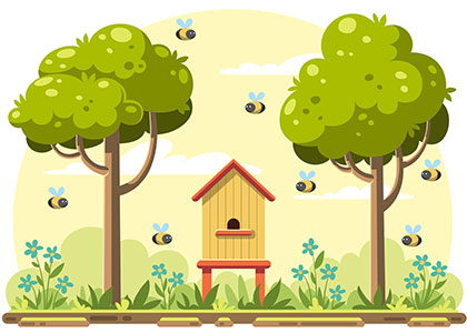 graphic two trees on either side of a bee box with bees buzzing around