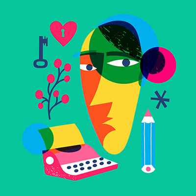 abstract multicolored face, typewriter, pencil, key, and lock