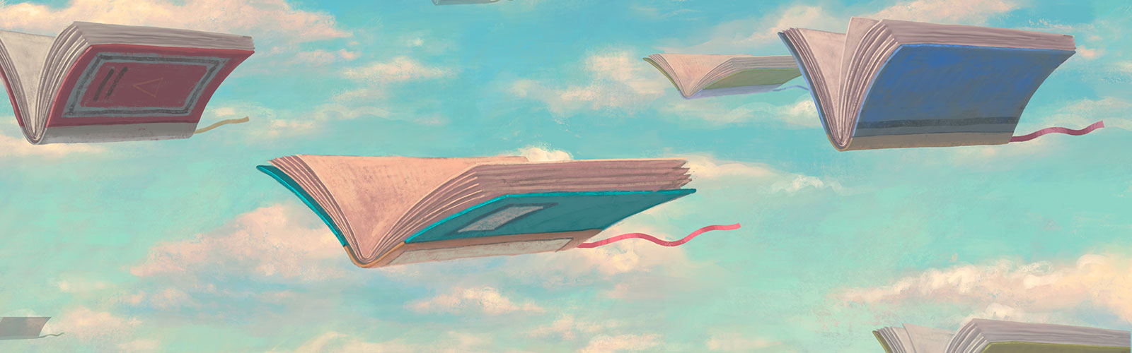multi colored books flying among puffy clouds in a pale blue sky