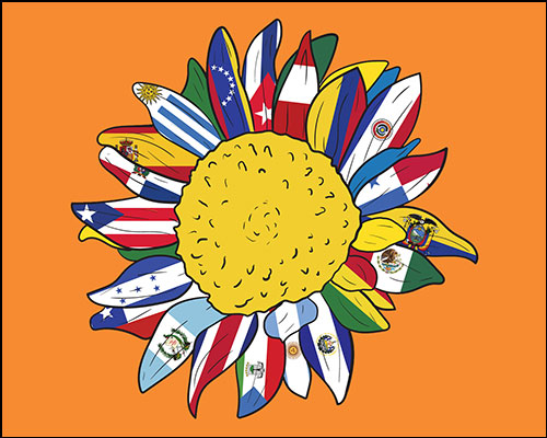 A sunflower with the petals made of Hispanic flags