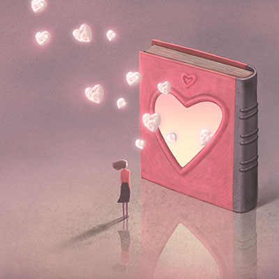 An illustration of a woman standing before a large book with a heart-shaped cutout, from which glowing hearts are emerging.