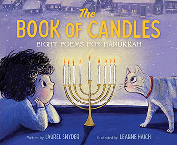 Illustrated cover of "The Book of Candles," featuring a boy and a cat admiring a menorah with lit candles, set against a snowy night background.