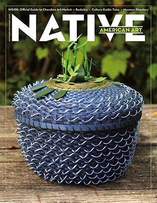 Cover of the magazine "Native American Art," featuring a woven basket with intricate blue patterns.