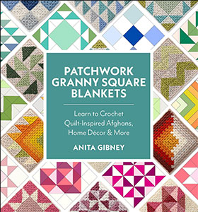 Book cover for "Patchwork Granny Square Blankets" by Anita Gibney, featuring colorful quilt-inspired crochet designs.