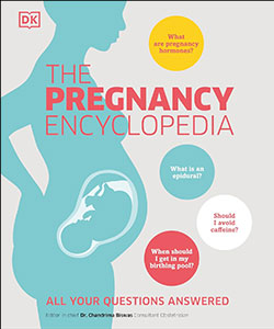 Cover of "The Pregnancy Encyclopedia," featuring a silhouette of a pregnant woman with a highlighted fetus and questions related to pregnancy.
