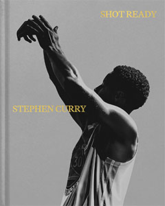 Black and white illustration of Stephen Curry in a shooting pose, with the text "SHOT READY" above and his name below.