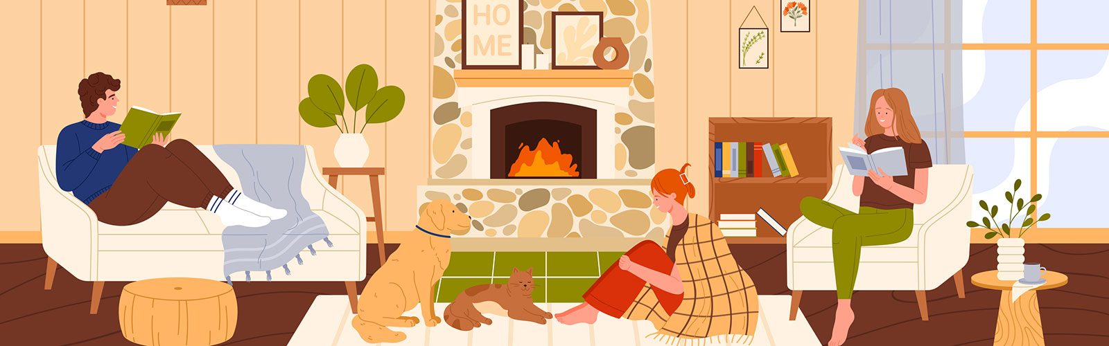 A family with pets sitting cozily around a fire reading.